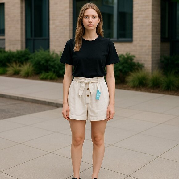 High Waist Girlfriend White Shorts with Tie - Picture 3 of 7